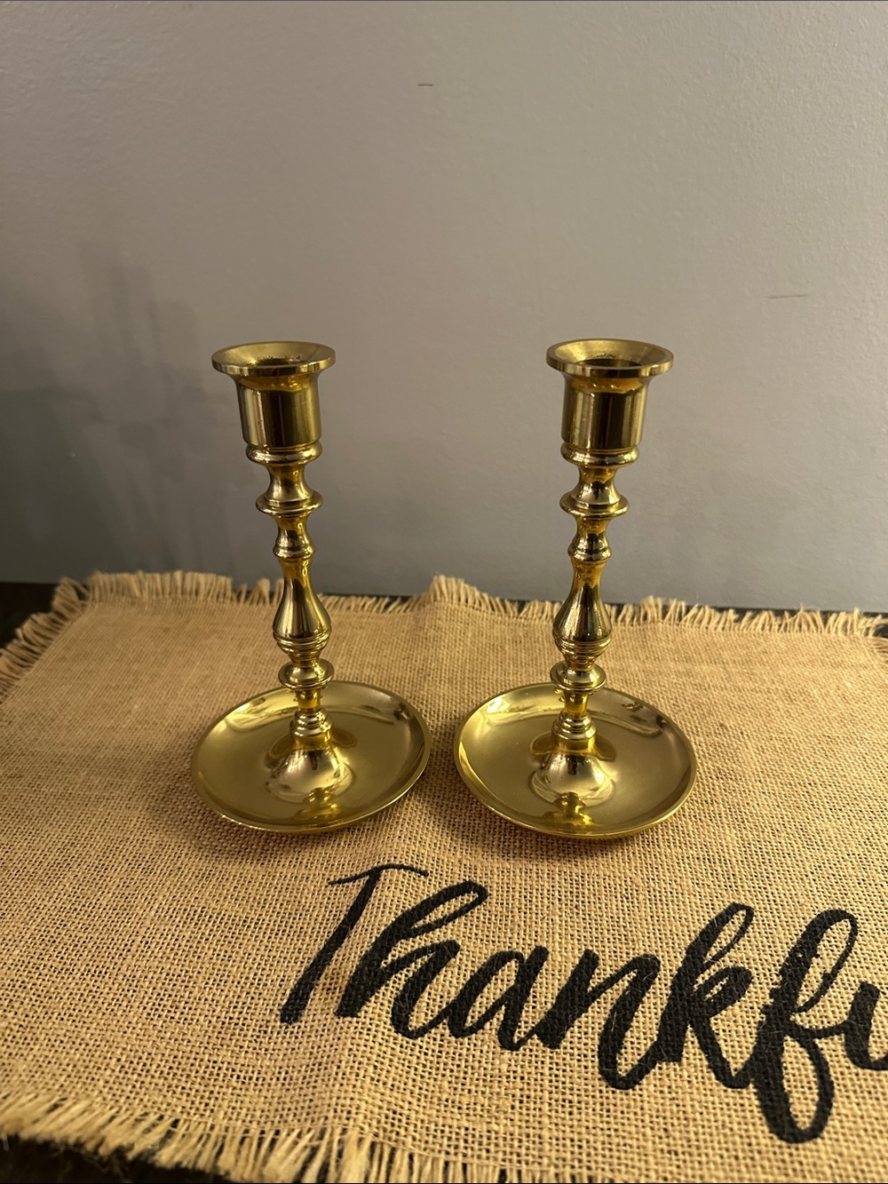 Brass Candlestick Holders Pair - Gold Accent Home Decor
6 1/2” tall
3 1/2” round
